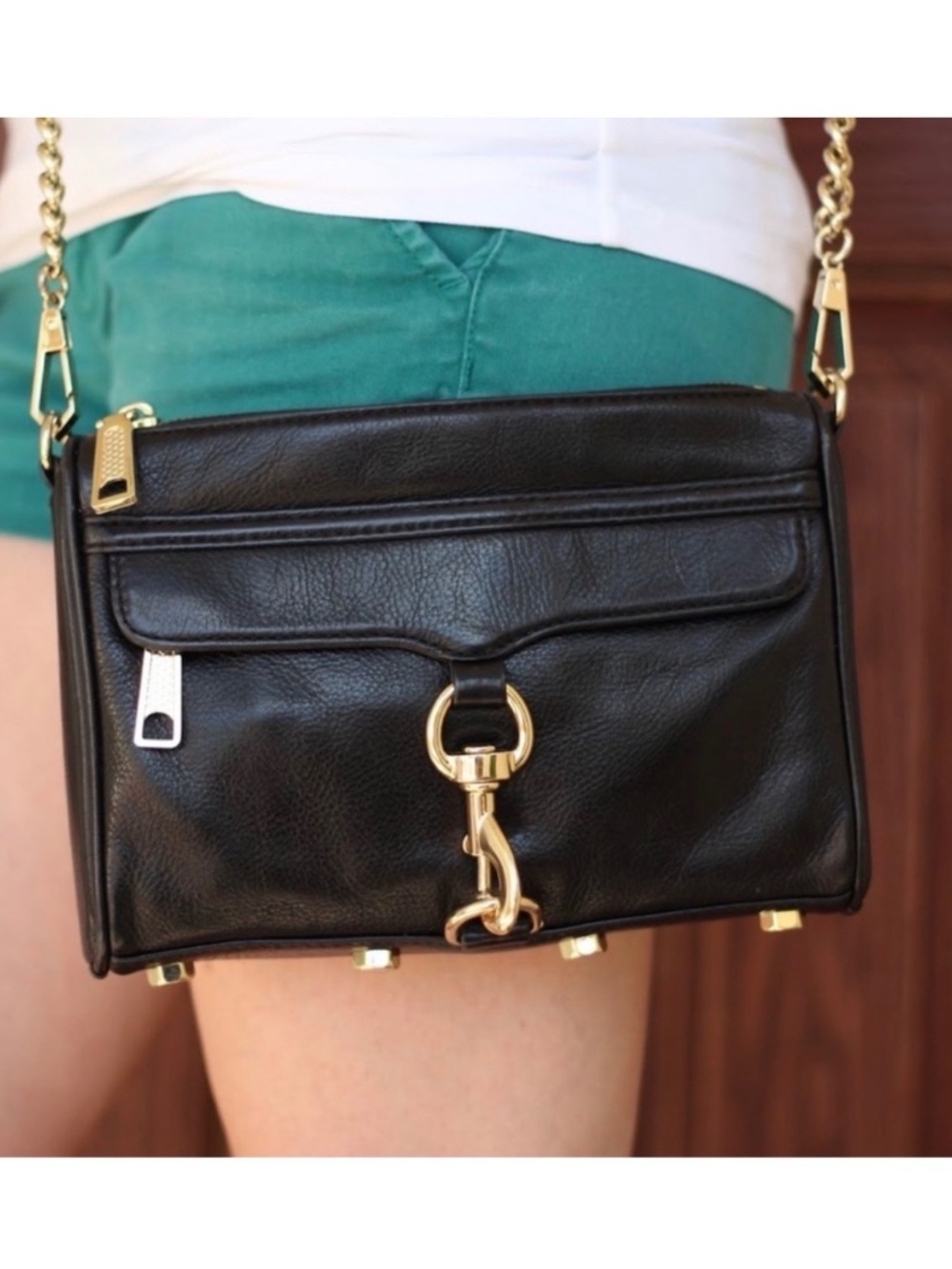 Rebecca Minkoff Black Leather Mini MAC Crossbody with Gold Hardware